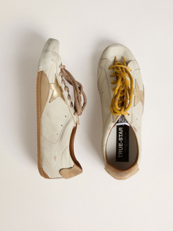 True Star in white nappa leather with gold star and beige suede heel tab