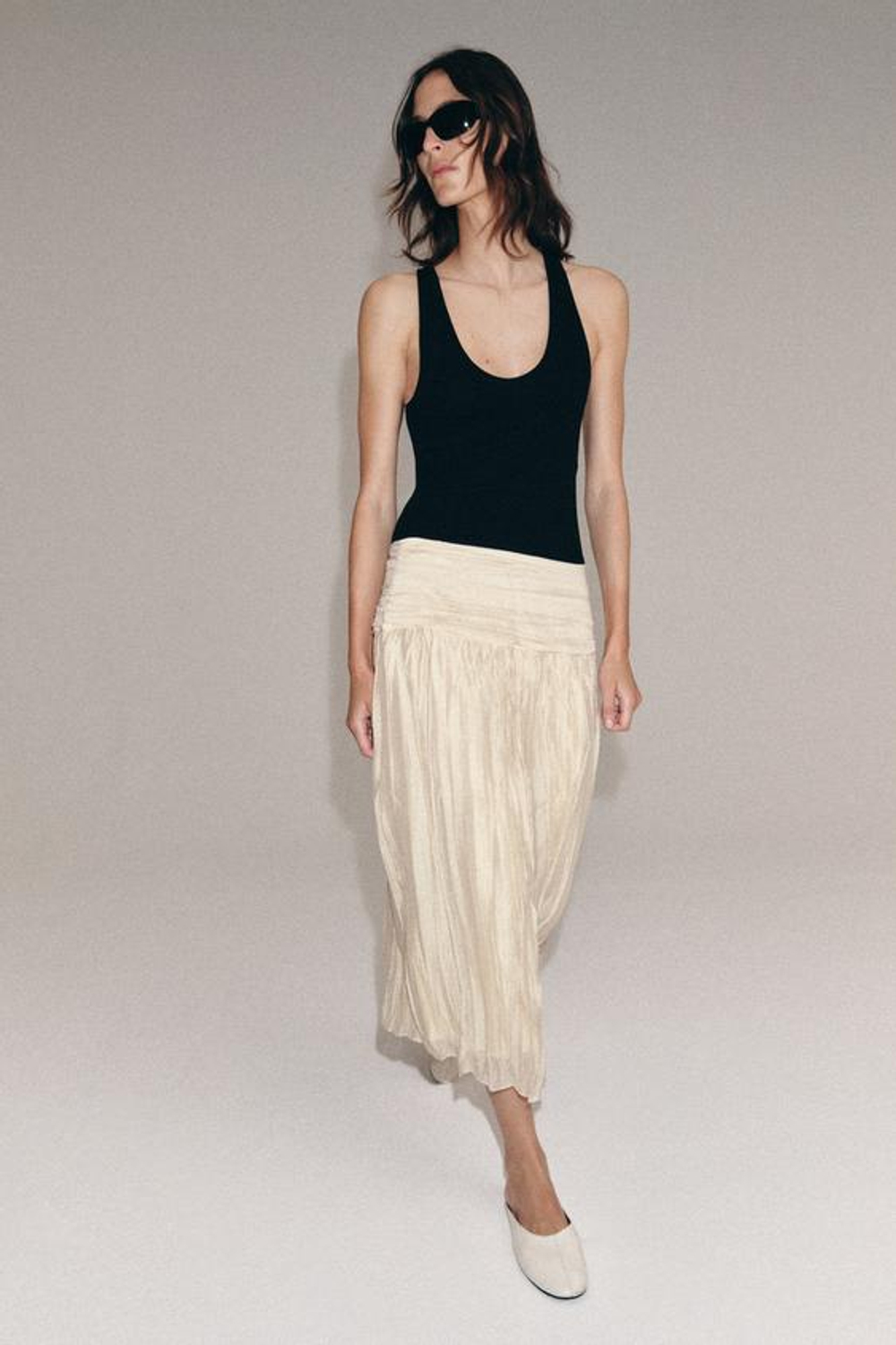ZARA ЮБКА МИДИ С ДРАПИРОВКОЙ — ZW COLLECTION, БЕЖЕВЫЙ