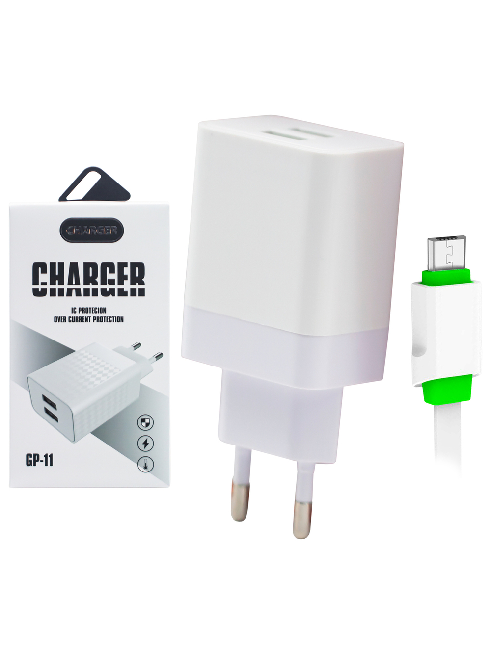 Сетевой блок+кабель microUSB GP-11(1.2A, 2USB) ultra fast white