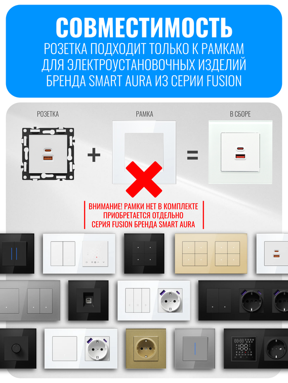 Розетка USB Type-A+C 65Вт Smart Aura серия Fusion без рамки