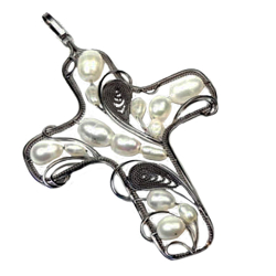 Кулон "Крест" жемчуг белый, скань асс.