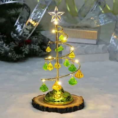 Сувенир с подсветкой «Елочка Хрустальная» 26 см, диаметр 10 см, основ.-золото, свечение-тепл.бел, хрусталик Зел./Желтый (работает от батареек 3 ААА)