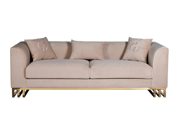 Диван треxместный 230x86x75см Garda Decor Lucerne велюр бежевый с декоративными подушками