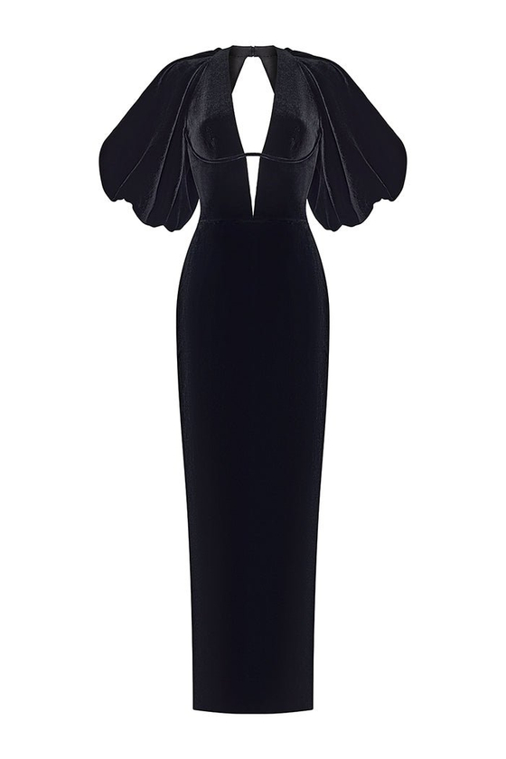 Платье миди удлиненное из бархата с объемными рукавами и вырезом