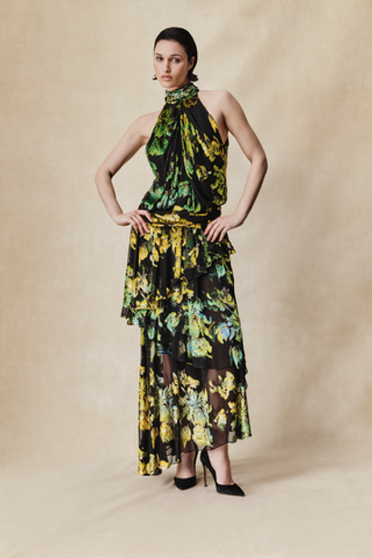 Платье макси из бархата деворе с воланами и открытой спиной