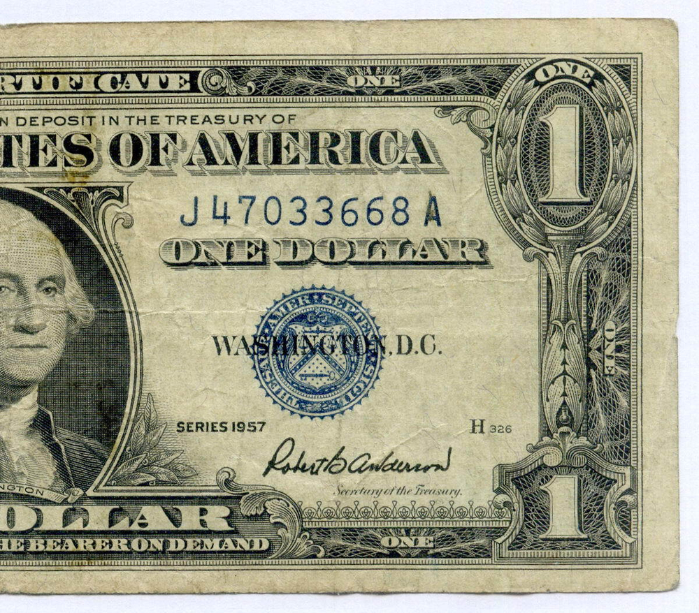 Банкнота США 1 доллар (серебряный сертификат) 1957 J 47033668 A. F