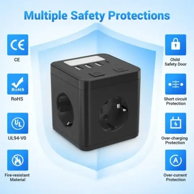 Удлинитель-тройник-ночник , с USB, Type-C PowerCube, 4 гнезда 220V, 3 USB 2400mA / 1 Type-C 3100mA, c заземлением, защитные шторки, 10 A/2500 Вт.