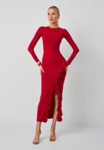 Платье с воланом красное