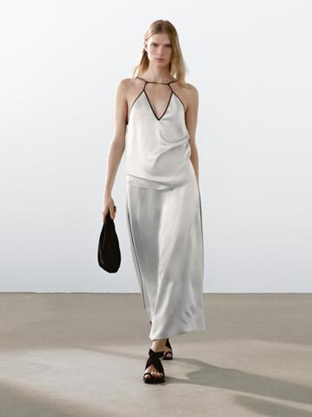 Massimo Dutti Атласный топ с горловиной халтер и окантовкой, натуральный, кремовый
