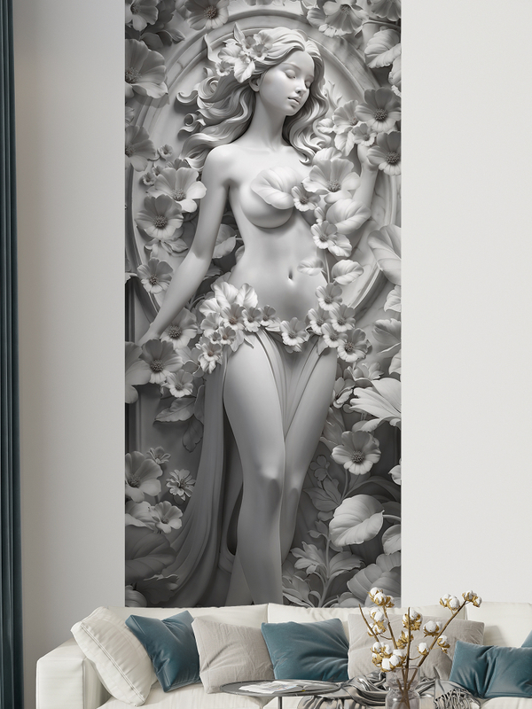 3D Фотообои объемные девушка и серые цветы