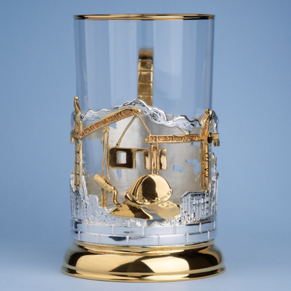 Подстаканник "Подарок строителю" с золочением и серебрением в футляре (винил)