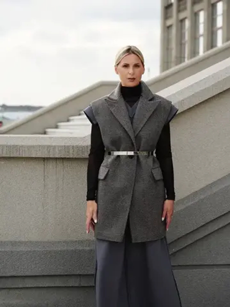 Жилет комби твид елочка серый