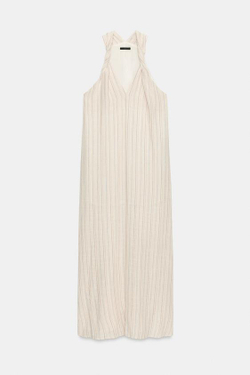 ZARA ДЛИННОЕ ПЛАТЬЕ В ПОЛОСКУ С БЛЕСТЯЩЕЙ НИТЬЮ, ЭКРЮ/ТЕМНО-СИНИЙ