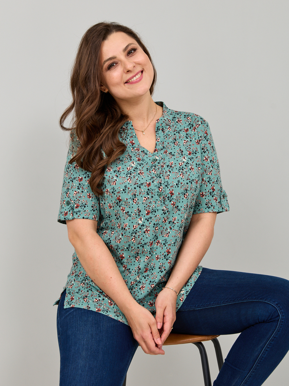 Блузка БЛ-122/шалфей-кораллцветы