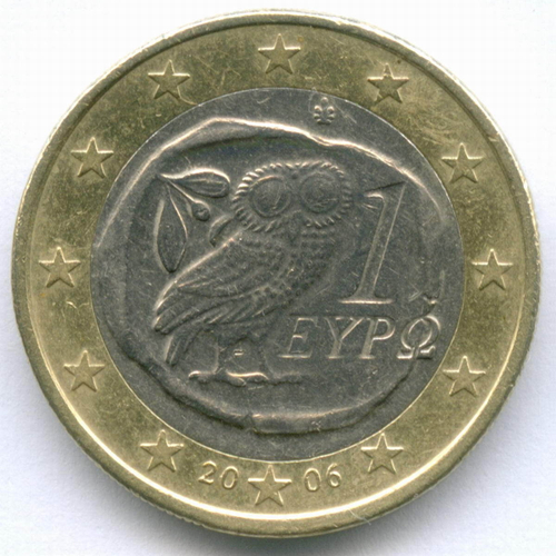 1 евро 2006 год. Греция. Регулярный выпуск. Тип 1. Биметалл VF-XF