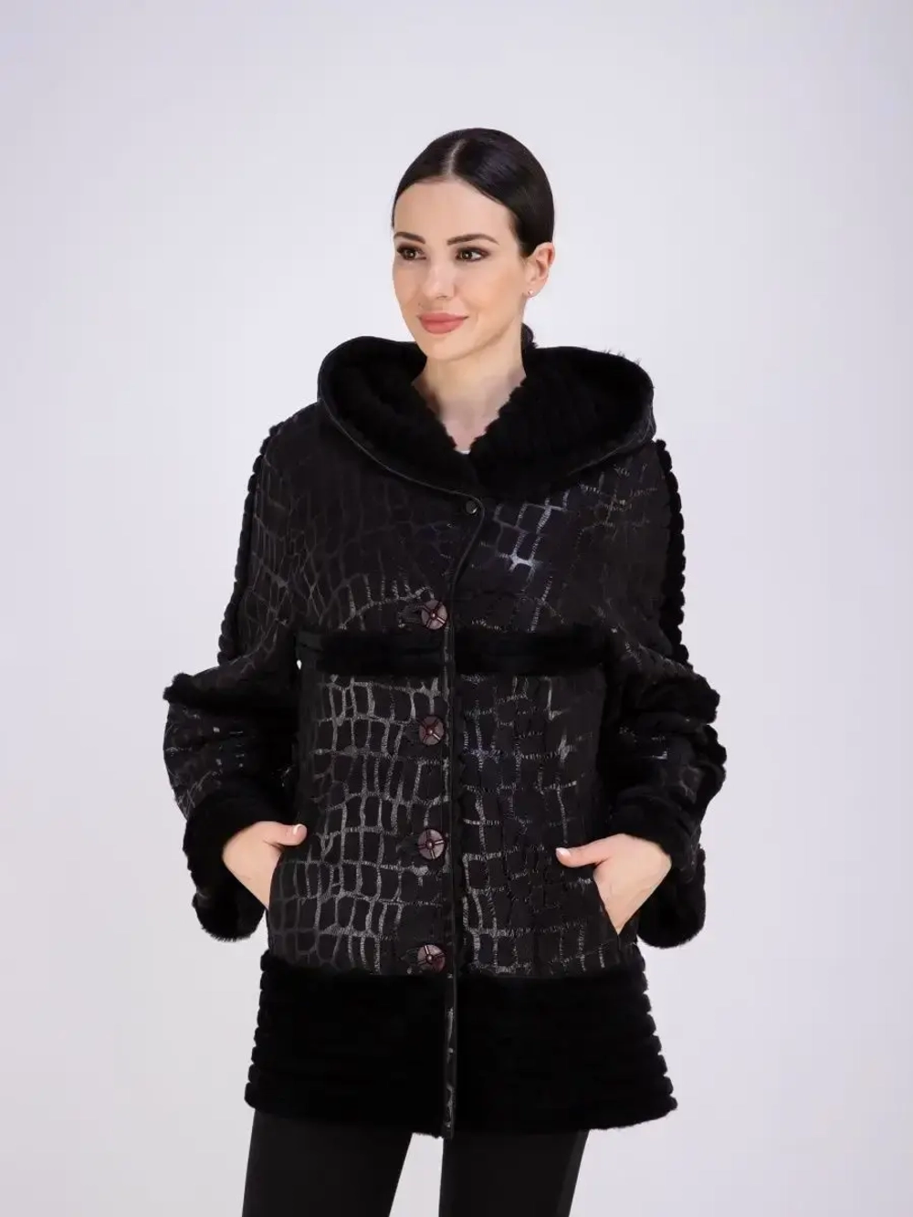 Дубленка женская натуральная с капюшоном оверсайз Турция