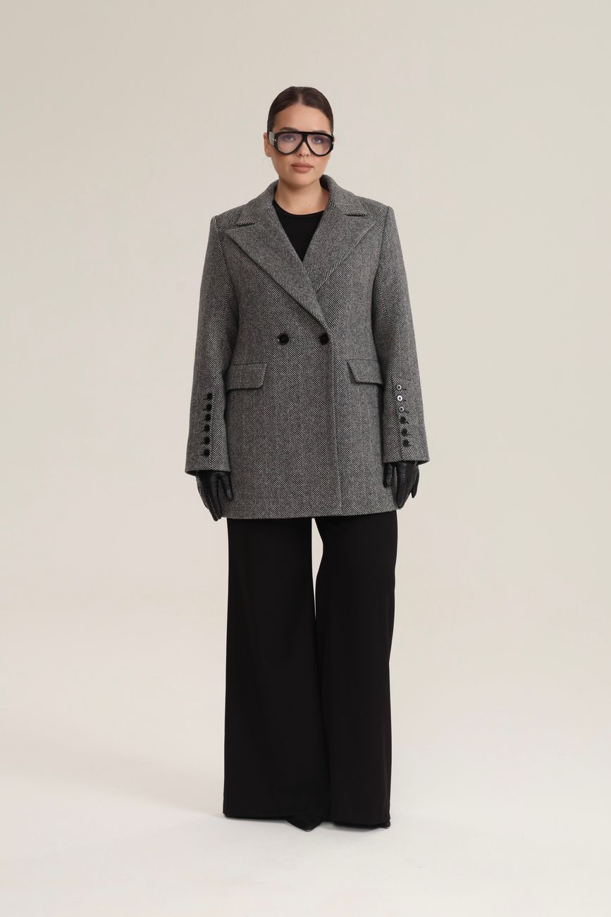 Пальто двубортное укороченное в елочку, черный
