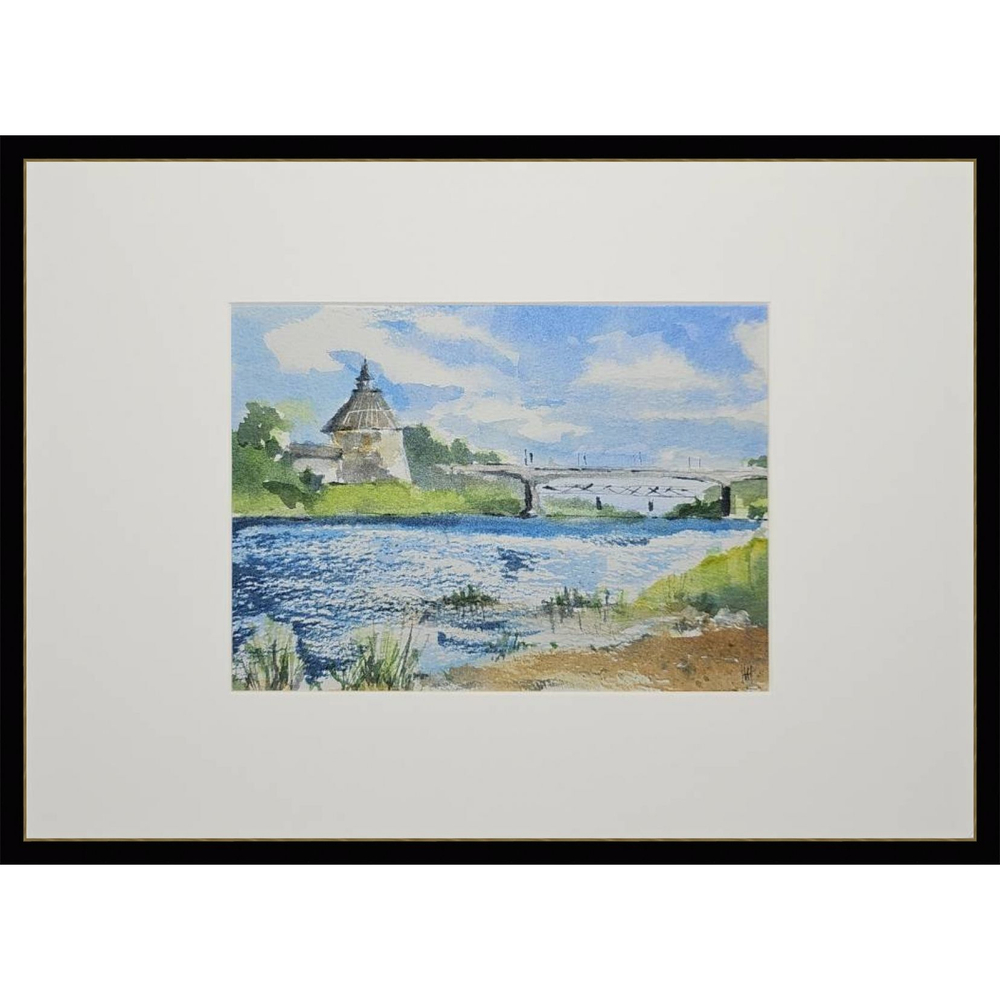 Картина авторская акварельная в паспарту 21х30 см на стену для интерьера "Покровская башня Пскова"