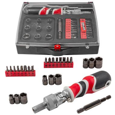 Отвертка реверсивная поворотная, усиленная с комплектом бит и головок (27пр.) в пластиковом футляре. Baum Auto##BaumAuto BM-30314227