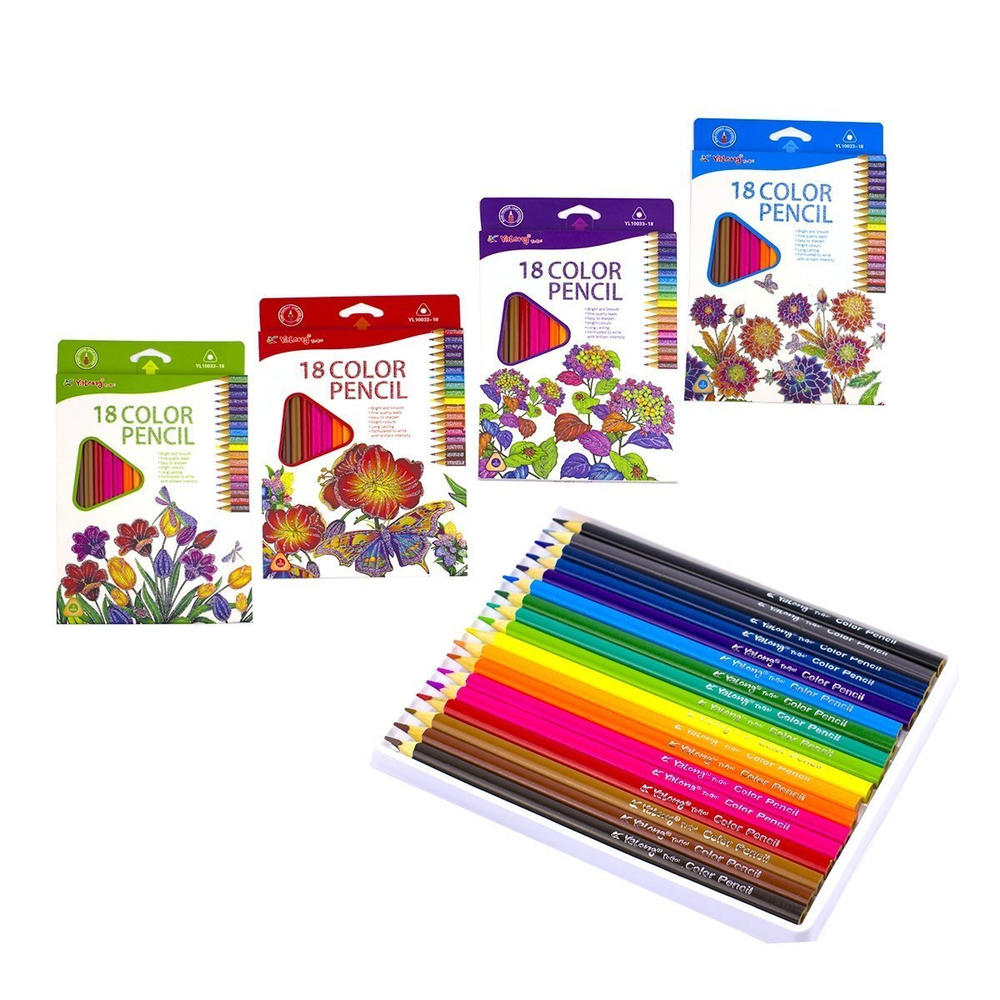 Карандаши цветные Yalong 18 цв., "Flover" деревянные, трехгранные, заточенные, грифель 3.0 мм, картон. уп., европодвес