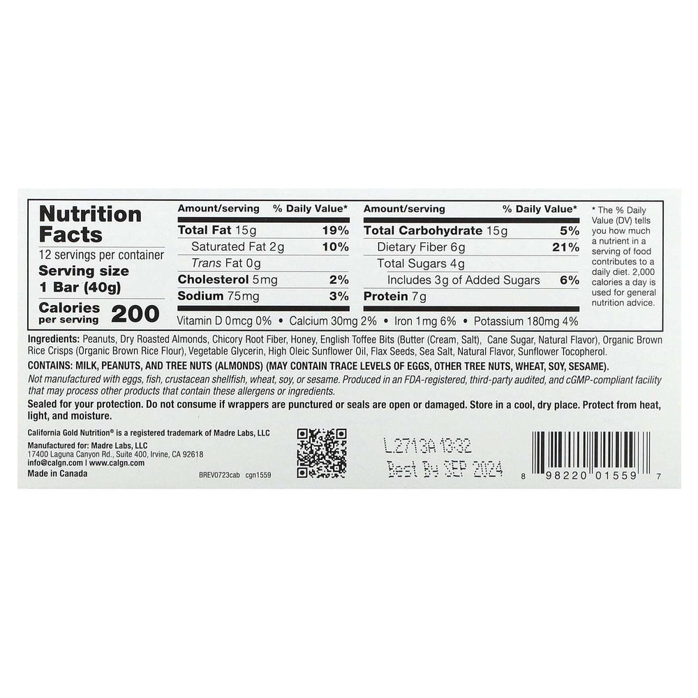 California Gold Nutrition, Foods, батончики с карамелью и миндалем, 12 батончиков по 40 г (1,4 унции)