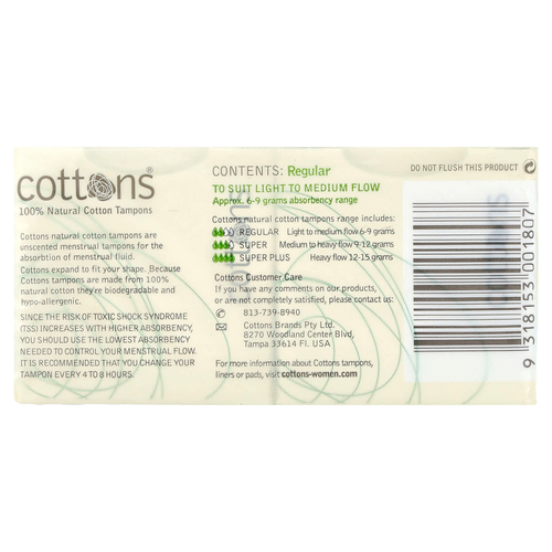 Cottons, Тампоны из 100% натурального хлопка, обычные, без запаха, 16 тампонов
