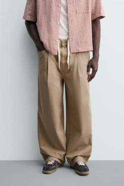 ZARA БРЮКИ ЧИНОС WIDE FIT СО СКЛАДКАМИ, БЕЖЕВЫЙ