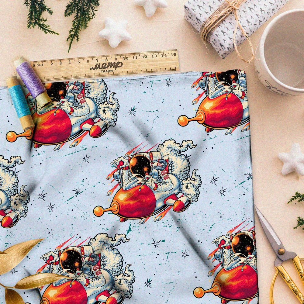 Ткань кулирная гладь красочный космический корабль и пилот