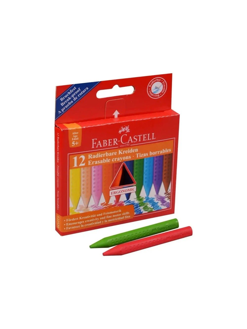 Мелки воск. 12 цв. Faber-Castell трехгранные стирающие к/к 122520