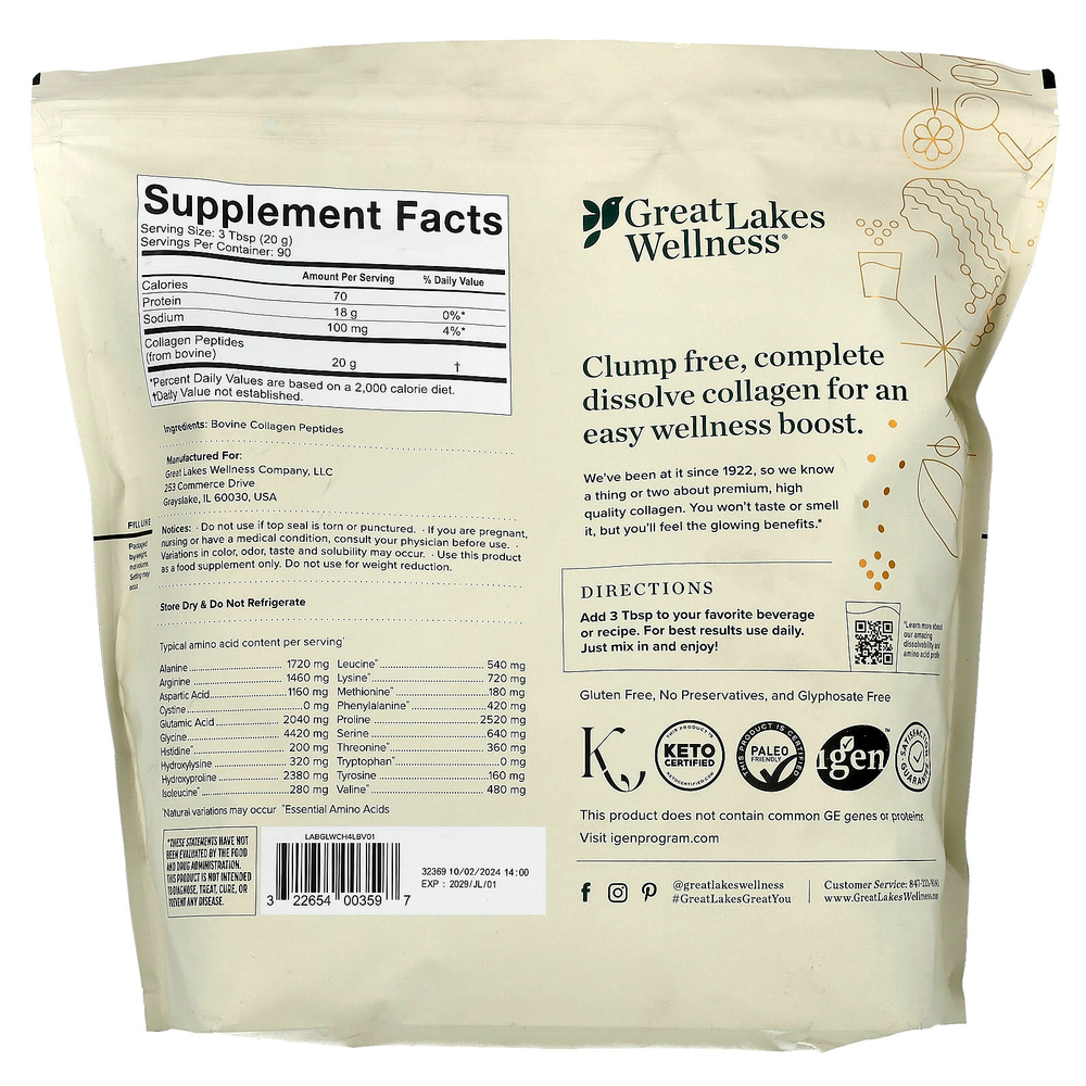 Great Lakes Wellness, Пептиды бычьего коллагена от травяного откорма, без добавок, 1,8 кг (64 унции)