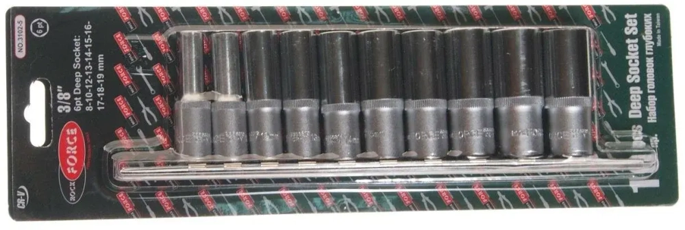 Набор торцевых головок RF-3102-5: 3/8"DR 6-гранных глубоких на планке 10пр. ROCKFORCE