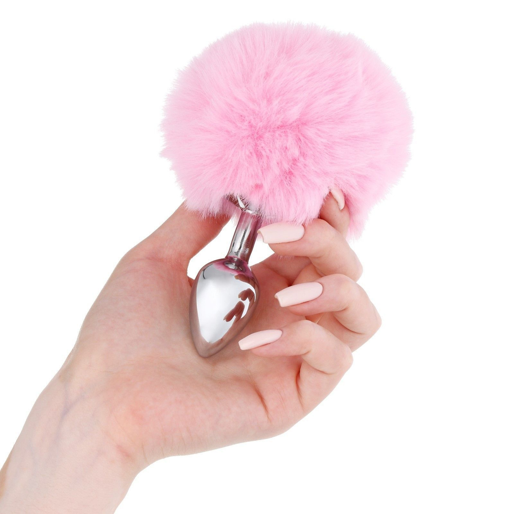 Серебристая анальная втулка с розовым хвостиком (Цвет: серебристый)