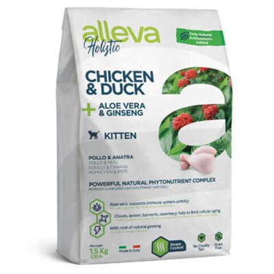 Корм Аллева Холистик Holistic Chicken & Duck + Aloe vera & Ginseng Kitten для котят, беременных и кормящих кошек с курицей и уткой, алое вера и женьшенем, 1,5 кг