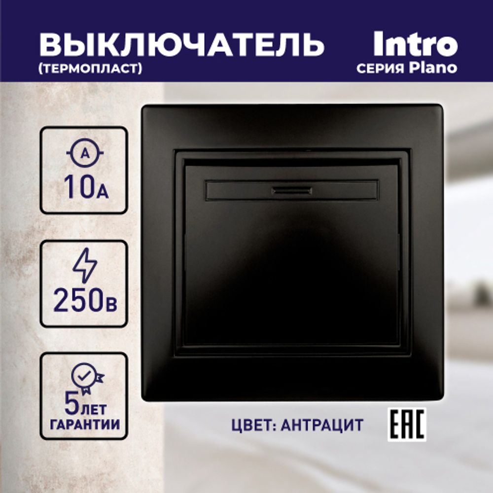 Выключатель Intro Plano 1-101-05 одноклавишный,10А-250В, IP20, СУ, антрацит