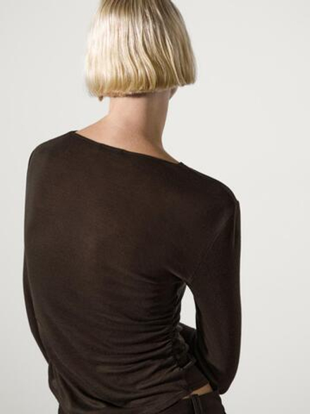 Massimo Dutti Футболка из смесовой шерсти с длинными рукавами, коричневый