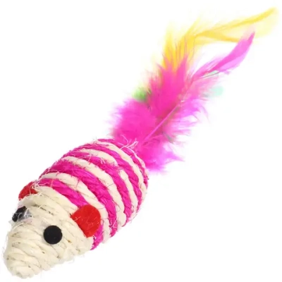 Игрушка - мышка для кошек «ЦЕПКИЕ ЛАПКИ», канатная с пёрышками, микс 3 цвета, 7*3,5см (пакет с хедером)✦