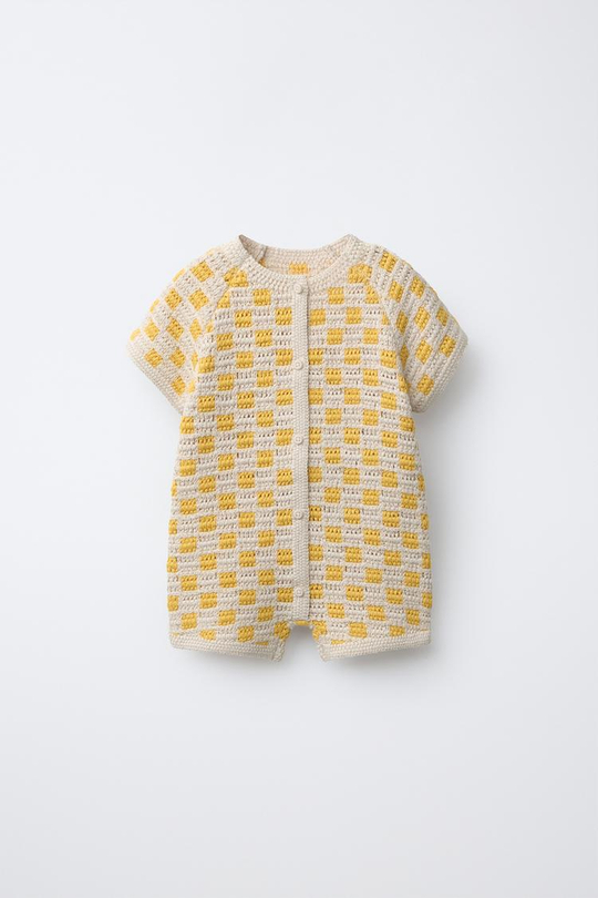 ZARA КОРОТКИЙ КОМБИНЕЗОН В КЛЕТКУ, ЭКРЮ/ЖЕЛТЫЙ