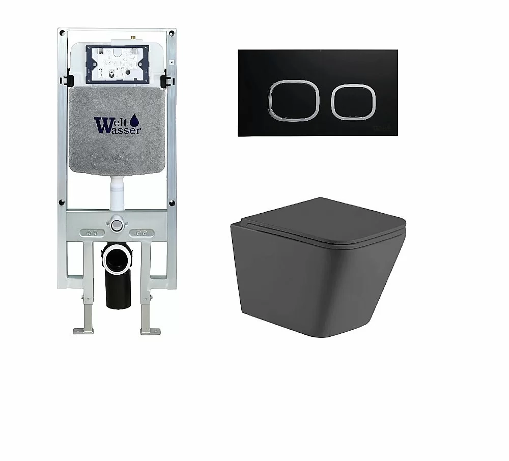 Унитаз подвесной WeltWasser WW GELBACH 10000012020 с крышкой микролифт, безободковый, смыв торнадо, в комплекте с инсталяцией, серый матовый