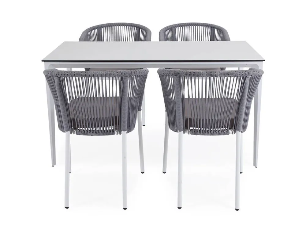 "Малага" обеденная группа на 4 персоны со стульями "Марсель", каркас белый, роуп светло-серый