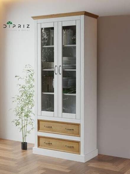 Шкаф-витрина деревянная Ландхаус 180 см, буфет для кухни из массива сосны 2 двери 2 ящика