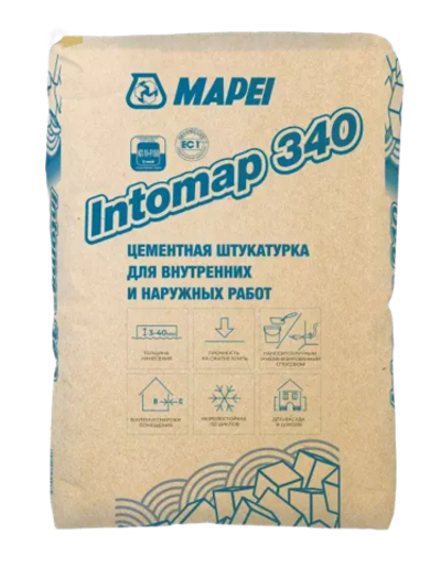 INTOMAP 340, TM MAPEI, 25кг, Россия, Смесь сухая штукатурная тяжёлая для внутренних и наружных работ класс КП IV F 150 для механизированного и ручного нанесения