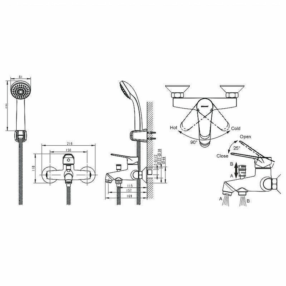 Смеситель для ванны Bravat EMERALDA с душевым гарнитуром, короткий излив, хром (F6135147CP-B-RUS)