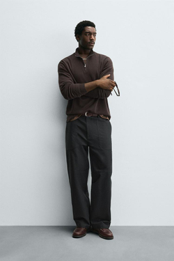 ZARA ДЖЕМПЕР ЖЕМЧУЖНОЙ ВЯЗКИ С МОЛНИЕЙ, ТЕМНО-КОРИЧНЕВЫЙ