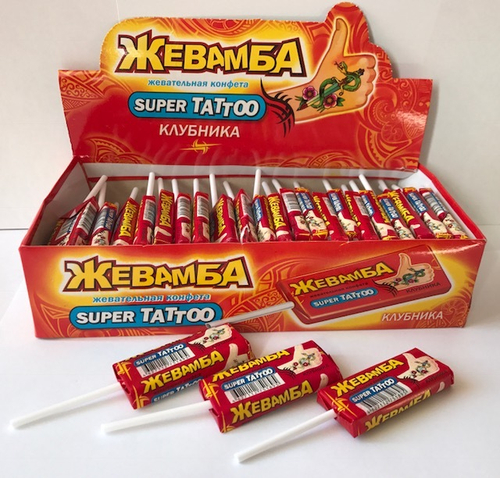 Жевательная конфета "Жевамба SUPER TATTOO" клубника 10гр*50шт*12 блоков.