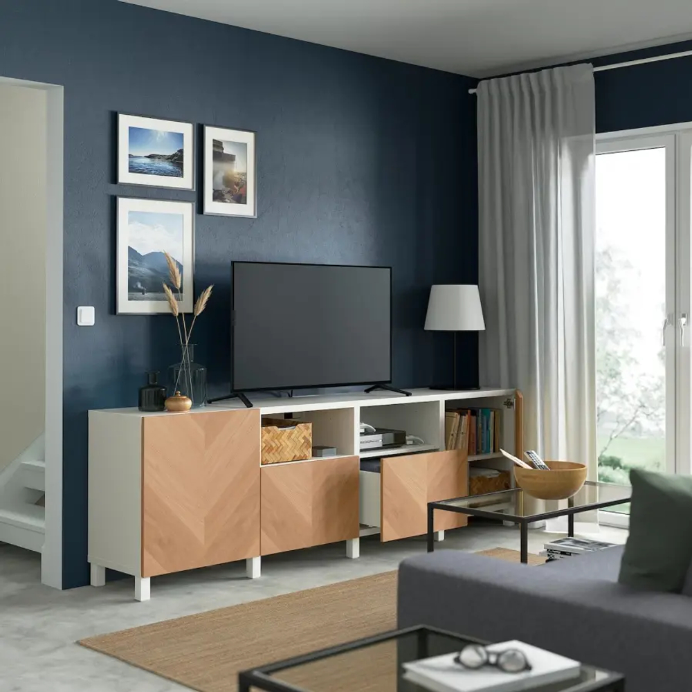 Тумба под ТВ с дверцами и ящиками - IKEA BESTÅ/BESTA/БЕСТО ИКЕА, 42х74х240 см, белый- светло-коричневый