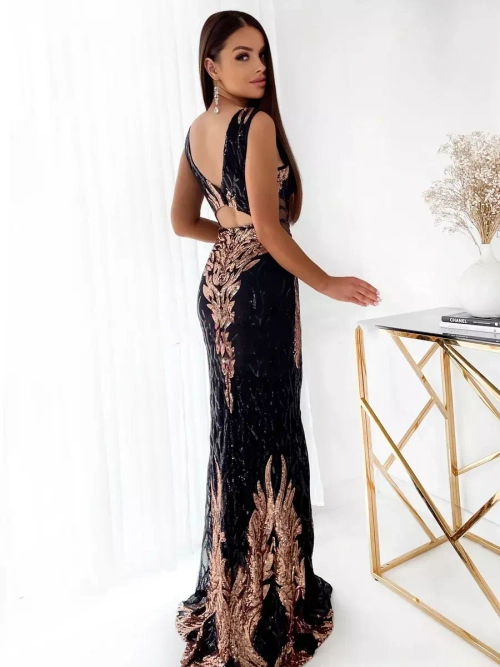 черно-золотистое макси платье