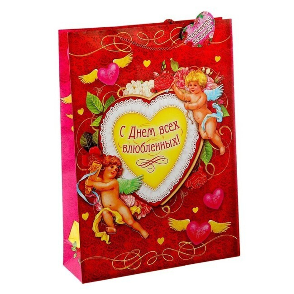 Пакет вертикальный с тиснением "С днём всех влюбленных" SL (Цвет: красный с белым)