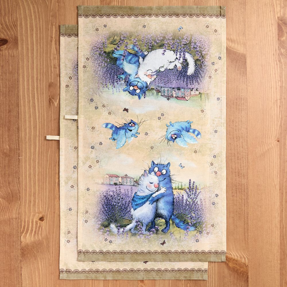 НАБОР ПОЛОТЕНЕЦ ИЗ 2Х ШТ "СИНИЕ КОТЫ. ЛАВАНДА",40Х70СМ, 100% ХЛОПОК,ТВИЛ, БЕЖ