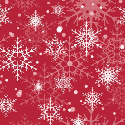 Белые, розовые кружевные снежинки на красном фоне.