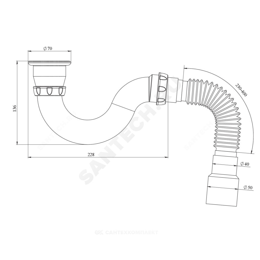 Сифон для поддона трубный 1 1/2"x50/40 с гофрой 40х40/50 выпуск с нержавеющей решёткой Unicorn G32